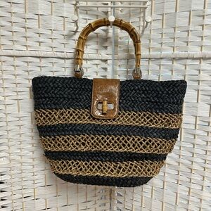 Caribbean Joe Black and Tan Woven Tote/Beachbag with Bamboo‎ Handles